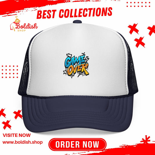 Game Over Trucker Cap, Fun Hat for Gamers, Retro Cap for Outdoor Events, Gift for Video Game Lovers, Stylish Sun Protection