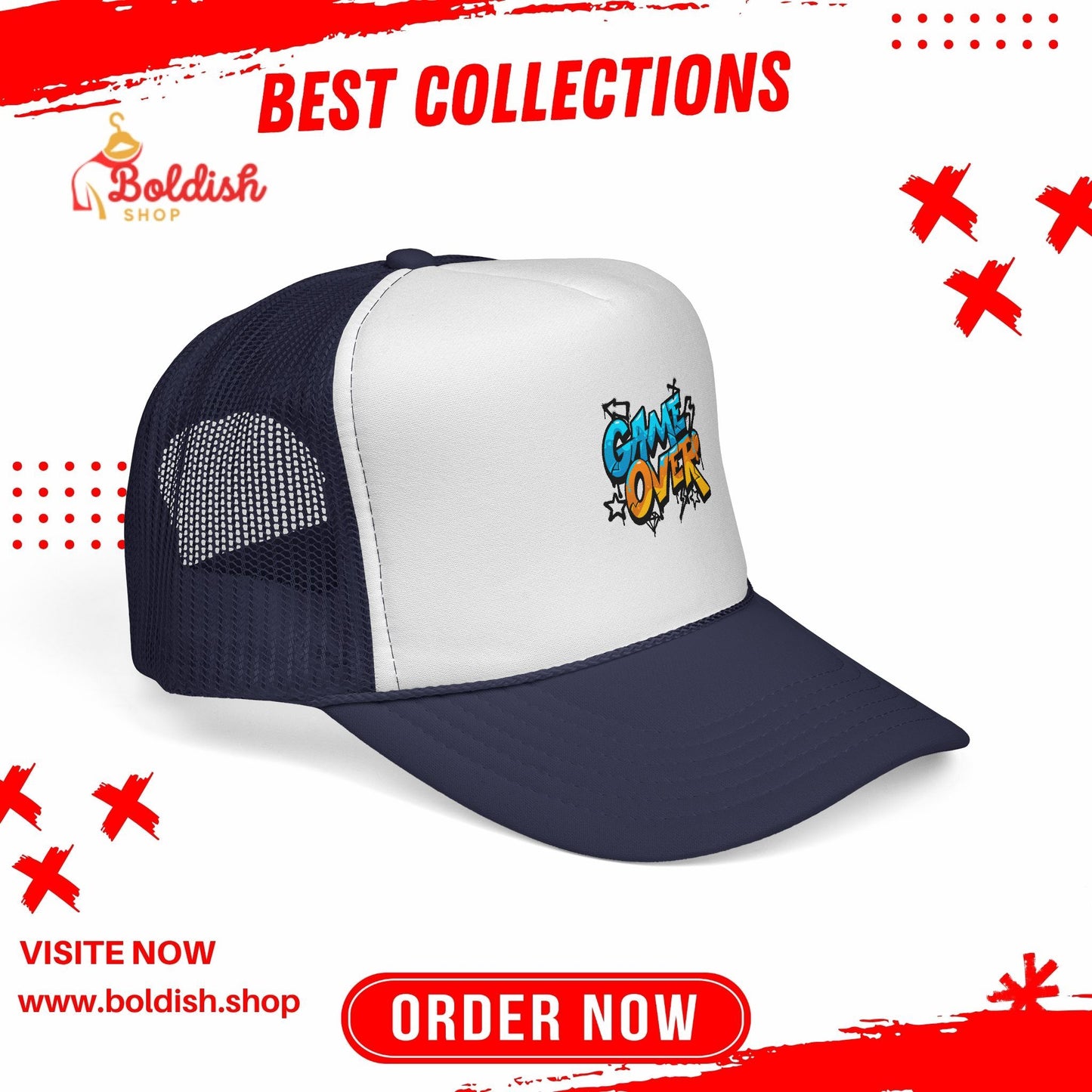 Game Over Trucker Cap, Fun Hat for Gamers, Retro Cap for Outdoor Events, Gift for Video Game Lovers, Stylish Sun Protection