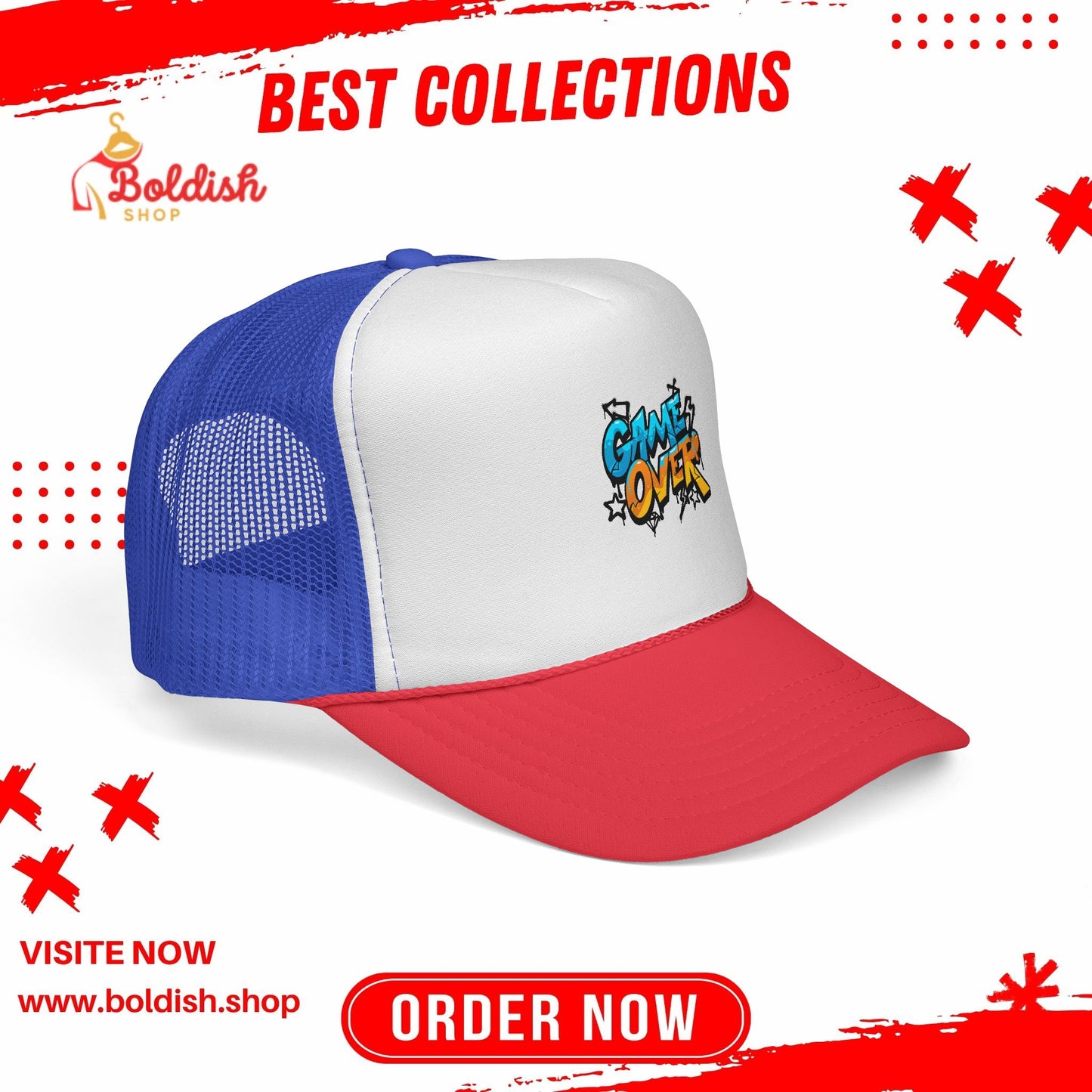 Game Over Trucker Cap, Fun Hat for Gamers, Retro Cap for Outdoor Events, Gift for Video Game Lovers, Stylish Sun Protection