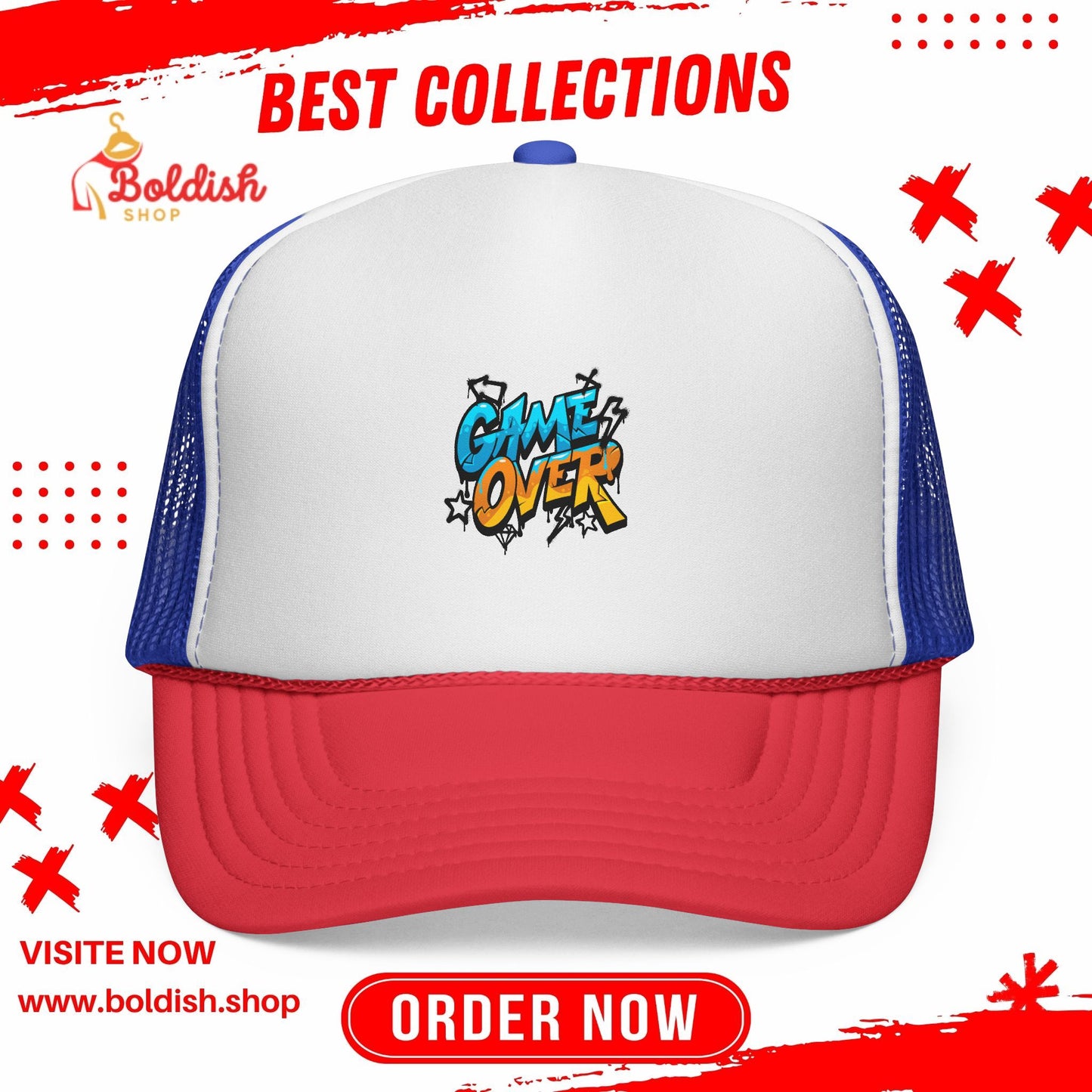 Game Over Trucker Cap, Fun Hat for Gamers, Retro Cap for Outdoor Events, Gift for Video Game Lovers, Stylish Sun Protection